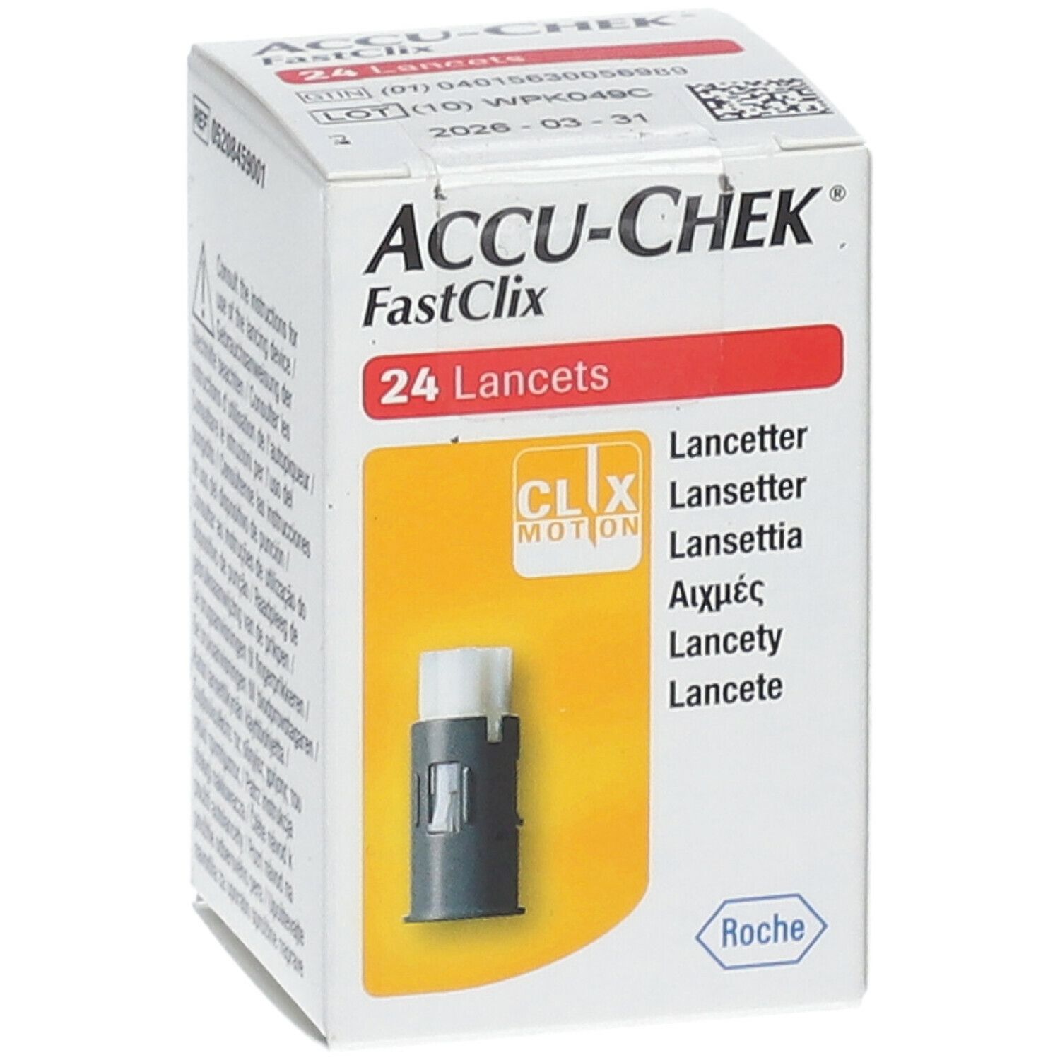 Doos Accu-Chek Fastclix. Bevat 24 lancetten. Opschriften: CLIX MOTION, Roche.