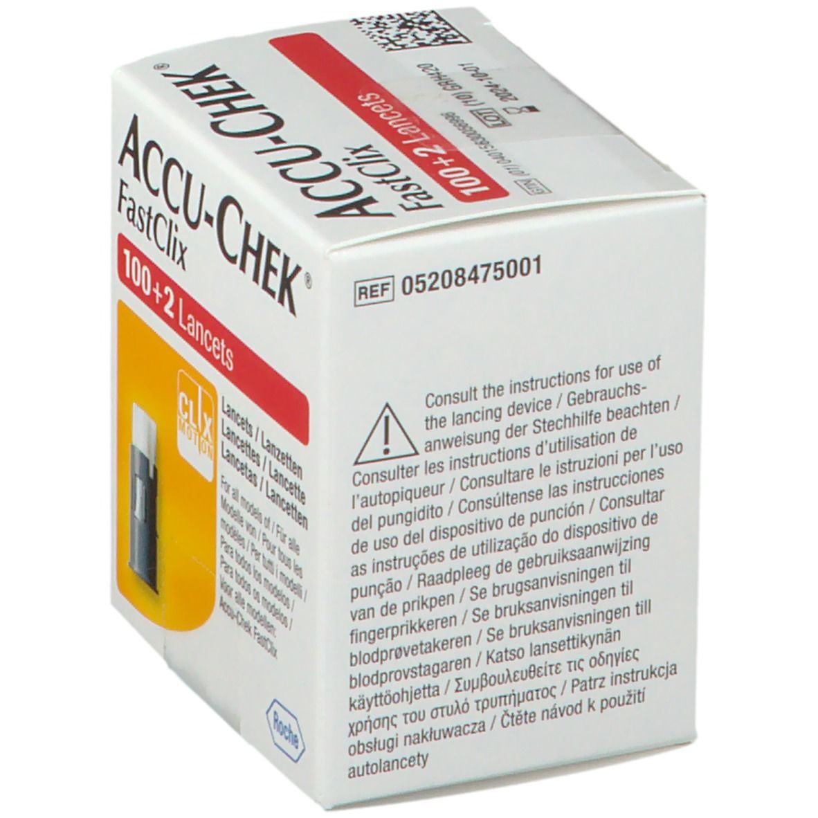 Verpakking Accu-Chek Fastclix lancetten. Bevat 100+2 lancetten. Met waarschuwing en gebruiksaanwijzing.