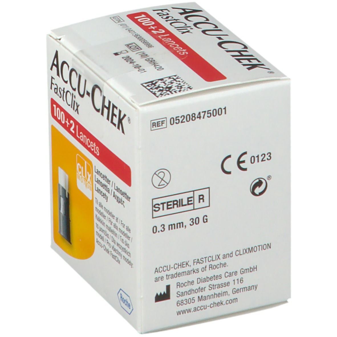 Verpakking Accu-Chek Fastclix lancetten. Bevat 100+2 lancetten. Met CE-markering en steriel symbool.