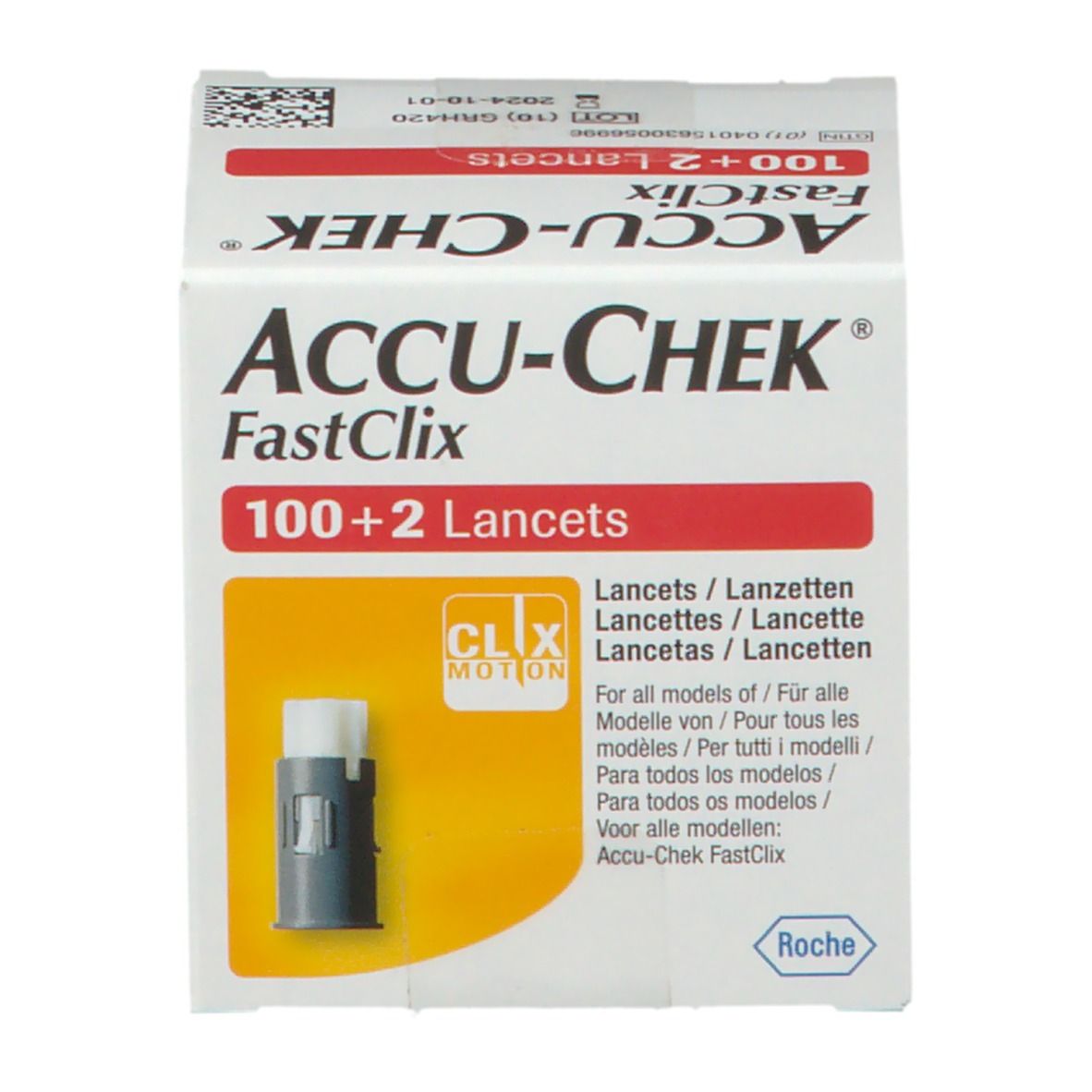 Verpakking Accu-Chek Fastclix lancetten. Bevat 100+2 lancetten. Met CLIX MOTION-logo en Roche-logo.