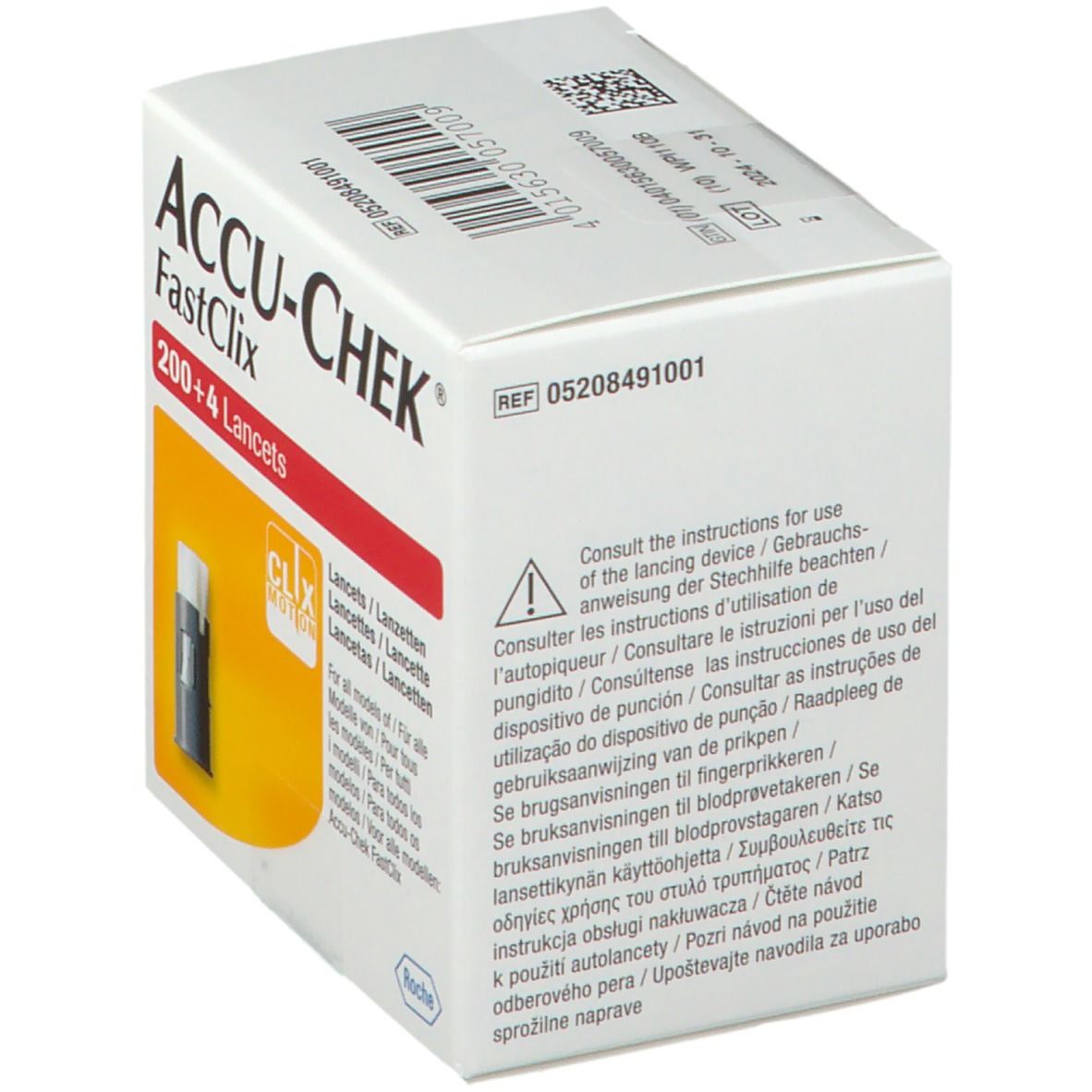 Verpakking Accu-Chek Fastclix. Bevat 200+4 lancetten. Waarschuwing. Roche-logo. Referentienummer.