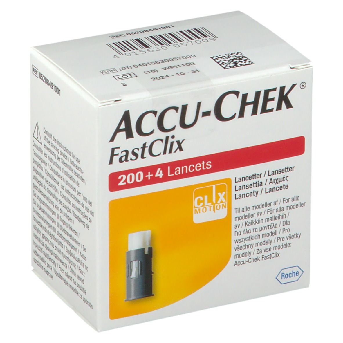 Verpakking Accu-Chek Fastclix Lancets. Bevat 200+4 lancetten. Clix Motion-logo. Roche-logo.
