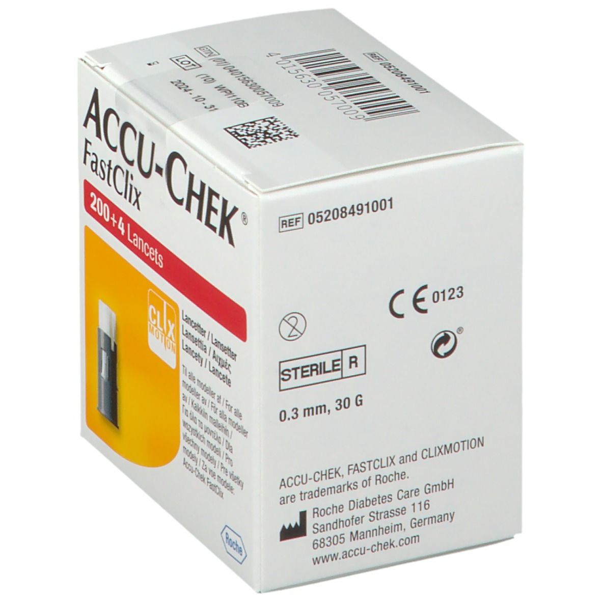 Verpakking Accu-Chek Fastclix. Bevat 200+4 lancetten. Steriele R-markering. 0,3 mm, 30 G.
