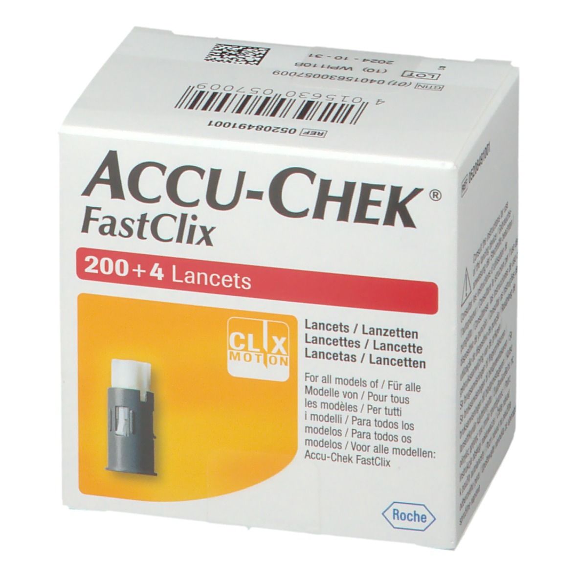 Verpakking Accu-Chek Fastclix Lancets. Bevat 200+4 lancetten. Clix Motion-logo. Roche-logo.