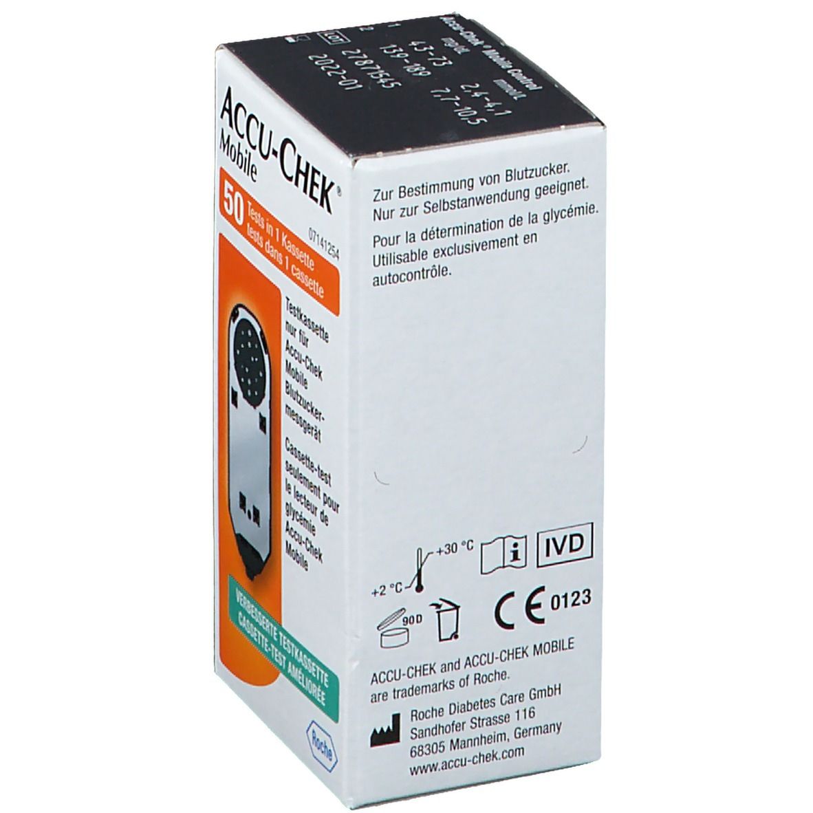 Cassette de test Accu-Chek Mobile. Emballage avec inscriptions. Informations de stockage. Marquage CE. Logo Roche.