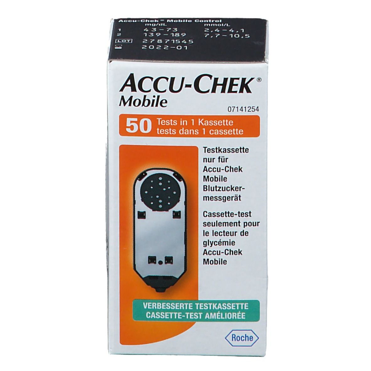 Cassette de test Accu-Chek Mobile. 50 tests. Inscriptions : cassette de test, Roche, marquage CE. Détails orange.