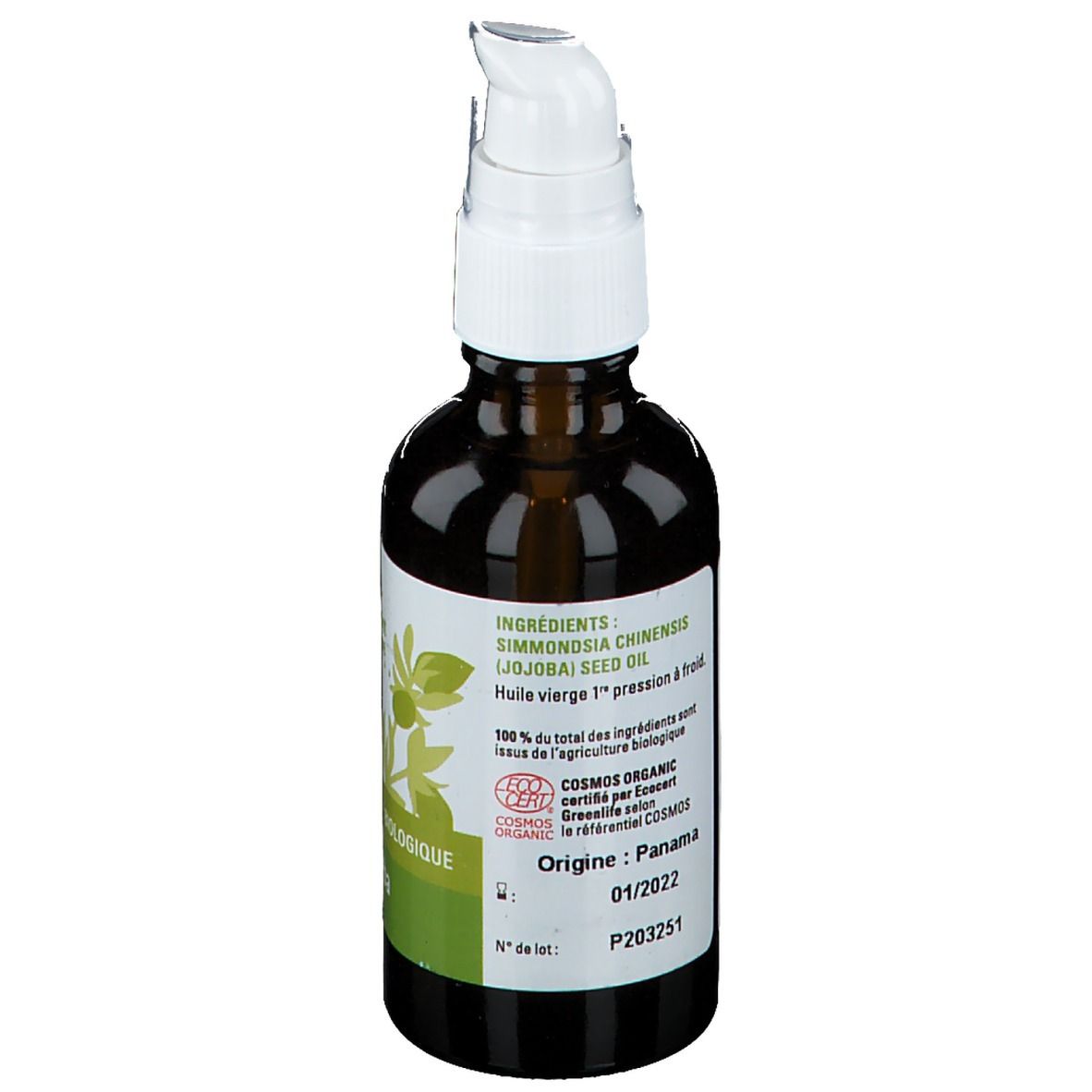 Flacon en verre brun avec pompe blanche. Inscription: Ingrédients: Simmondsia Chinensis (Jojoba) Seed Oil. Logo Cosmos Organic.