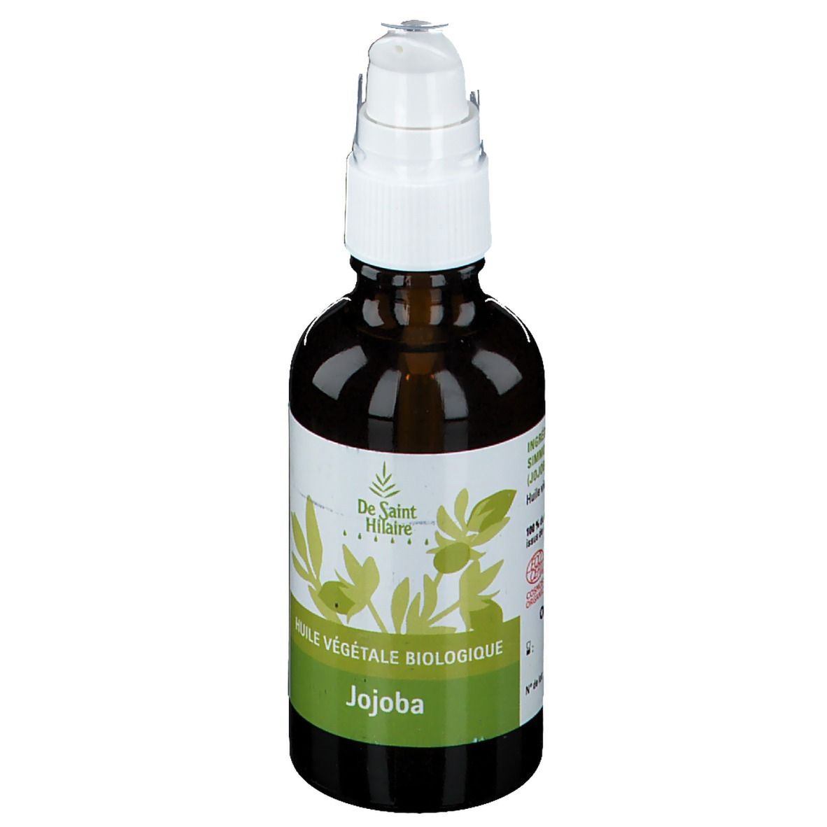 Flacon en verre brun avec pompe blanche. Inscription: Huile Végétale Biologique Jojoba. Logo avec feuilles.
