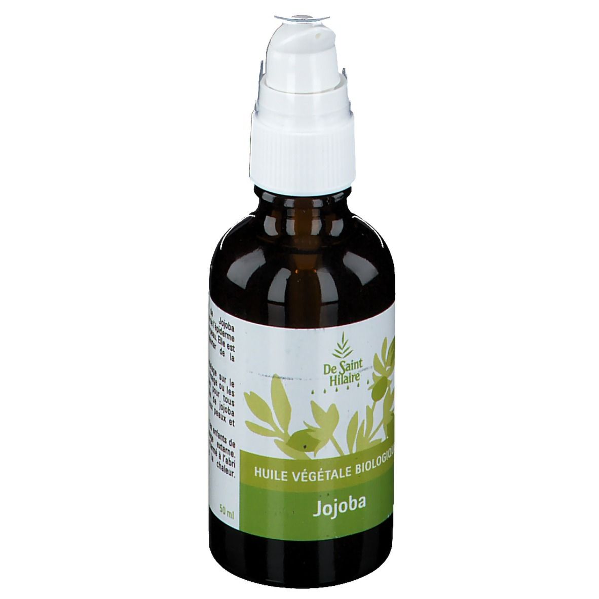 Flacon en verre brun avec pompe blanche. Inscription: Huile Végétale Biologique Jojoba. 50 ml.