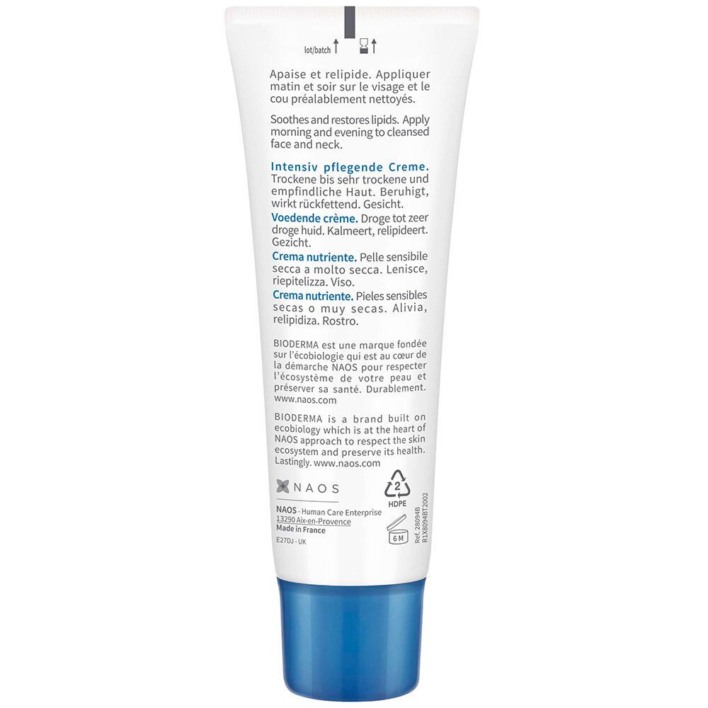 Rückseite der Creme-Tube. Text in mehreren Sprachen: Anwendungshinweise, Inhaltsstoffe, Herstellerinformationen.