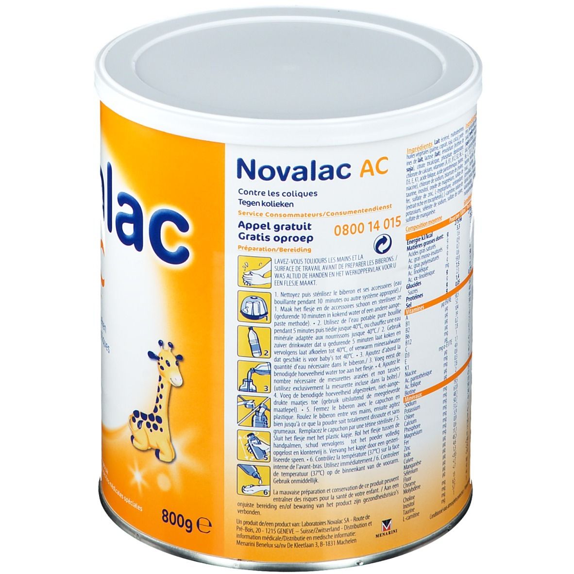 Dos de la boîte. Texte, graphiques et informations. Novalac AC, girafe, 800g, numéro de téléphone, informations nutritionnelles.