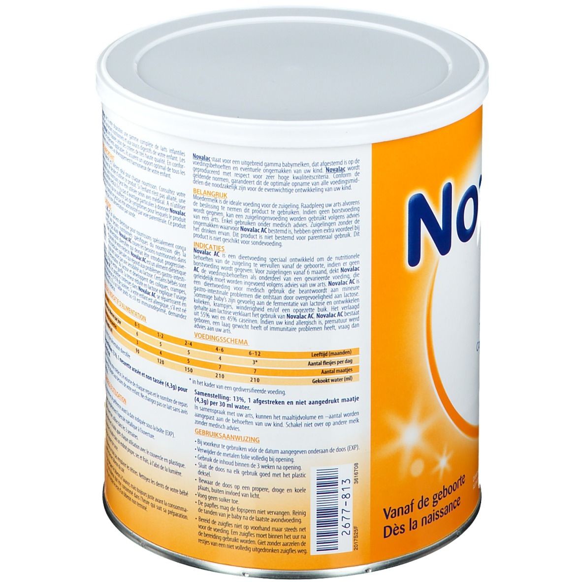 Dos de la boîte. Texte, informations. Novalac AC, ingrédients, informations nutritionnelles, mode d'emploi.