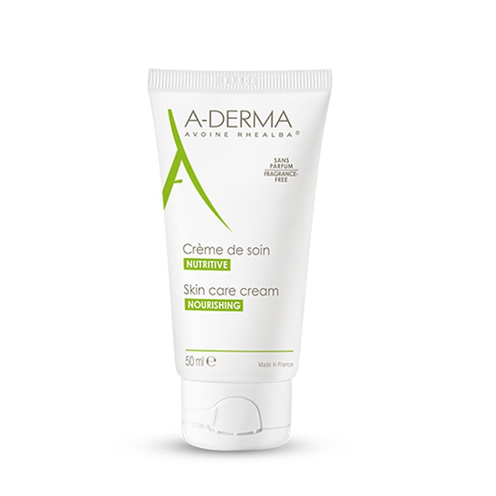 Tube blanc avec logo vert et texte. Contient Crème de soin nutritive. 50 ml.