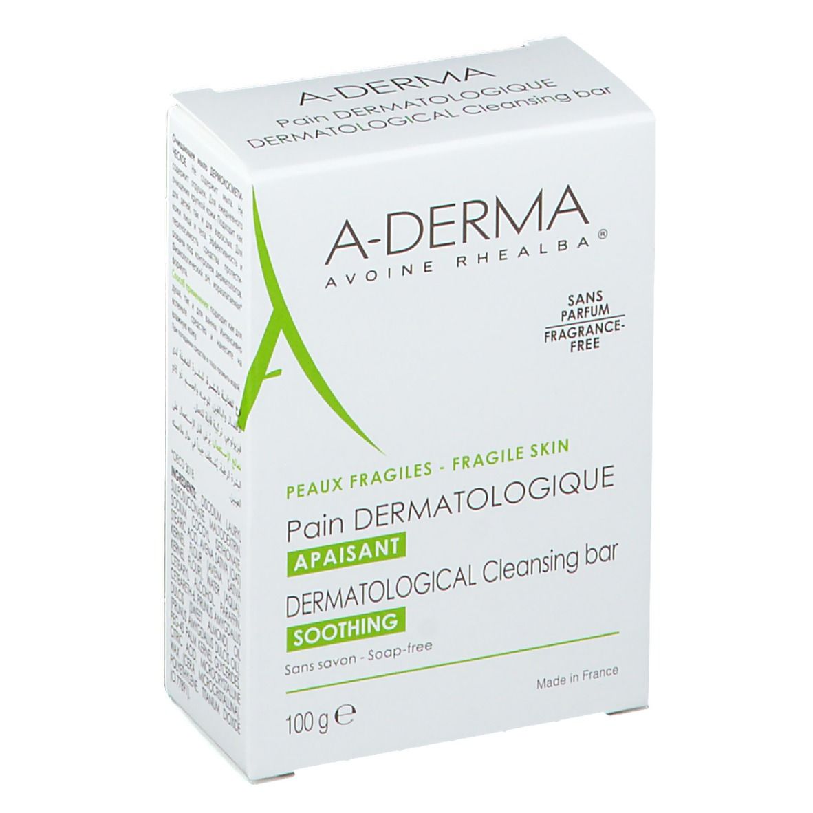 Weißer Karton mit A-DERMA-Logo und Produktbezeichnung. Text: Dermatologisches Waschstück, beruhigend, ohne Duftstoffe, 100 g.