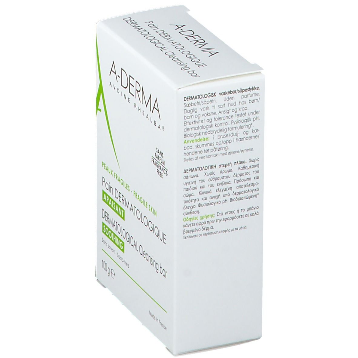 Schräg stehende weiße A-DERMA-Verpackung. Text: Dermatologisches Waschstück, beruhigend, ohne Duftstoffe. Rückseite mit Text in mehreren Sprachen.