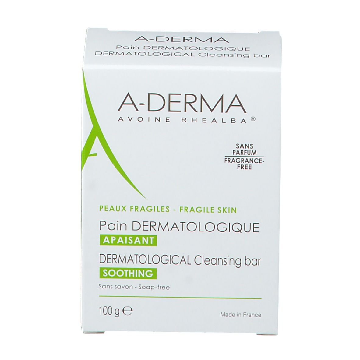 Weiße A-DERMA-Verpackung. Text: Dermatologisches Waschstück, beruhigend, ohne Duftstoffe, 100 g. Grünes Logo.