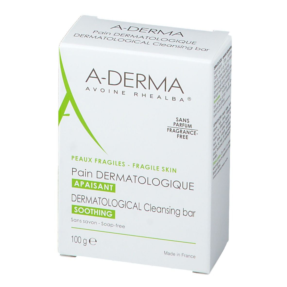 Weiße A-DERMA-Verpackung. Text: Dermatologisches Waschstück, beruhigend, ohne Duftstoffe, 100 g. Grünes Logo.
