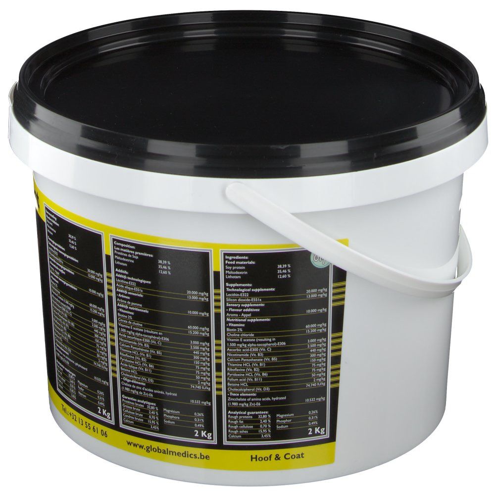 Seau blanc avec couvercle et anse noirs. Informations produit et valeurs nutritionnelles au dos. 2 kg.