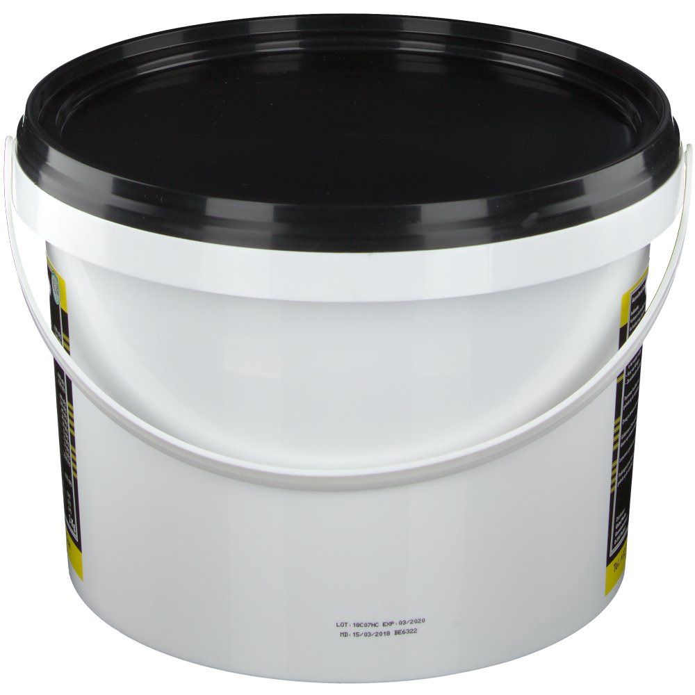 Seau blanc avec couvercle et anse noirs. Informations produit au dos. Impression avec numéro de lot et date de péremption.