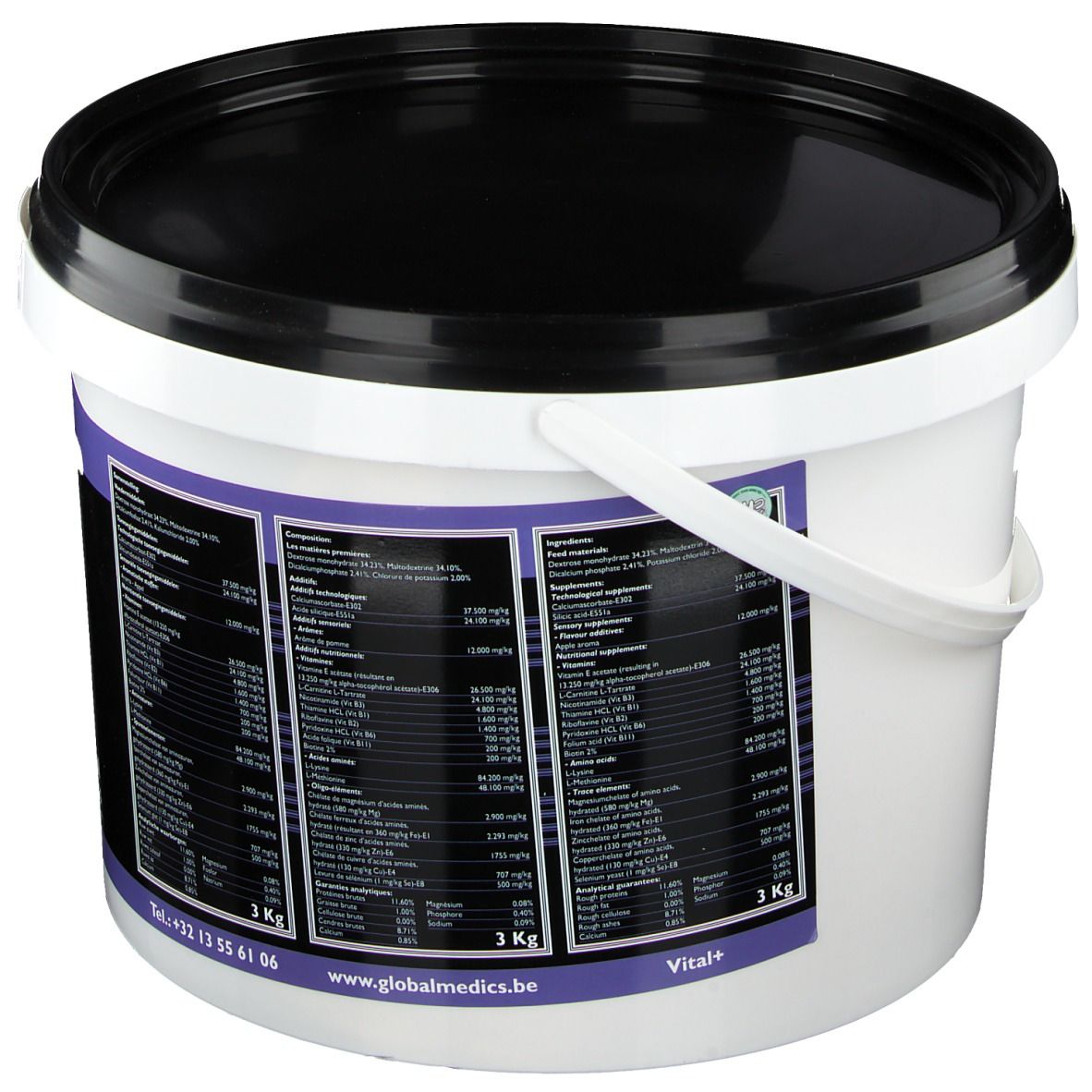 Seau blanc avec couvercle noir. Inscription "Vital+". Texte avec ingrédients et informations nutritionnelles. 3 kg.