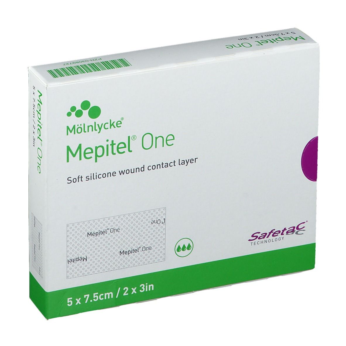 Emballage Mepitel® One. Couche de contact souple en silicone pour plaies. Dimensions : 5 x 7,5 cm. Boîte blanche et verte avec logo.
