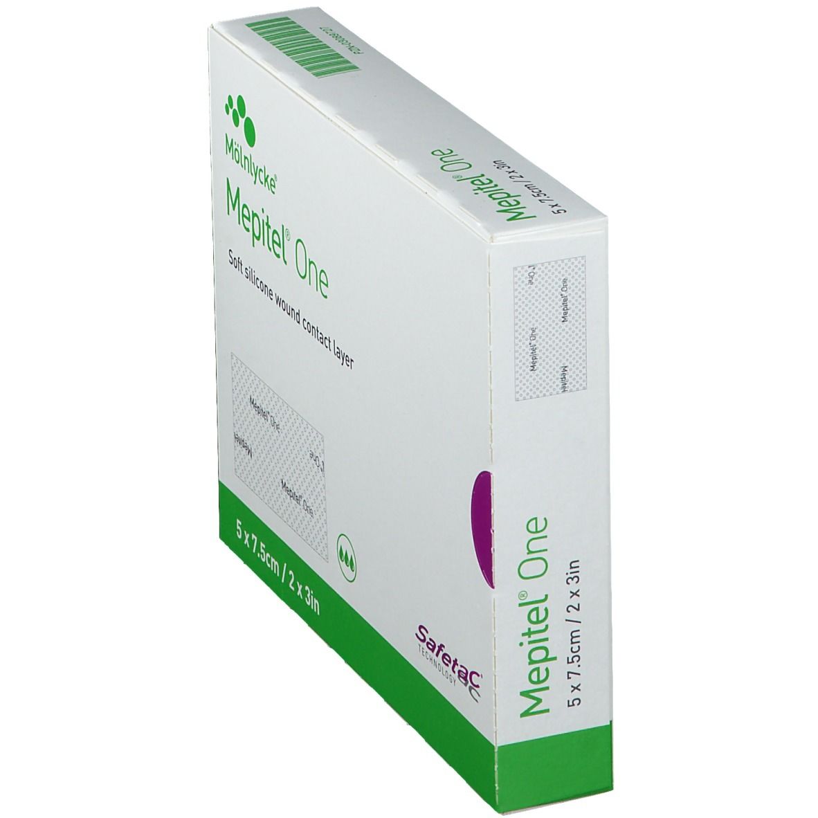 Emballage Mepitel® One en biais. Couche de contact souple en silicone pour plaies. Dimensions : 5 x 7,5 cm. Boîte blanche et verte.