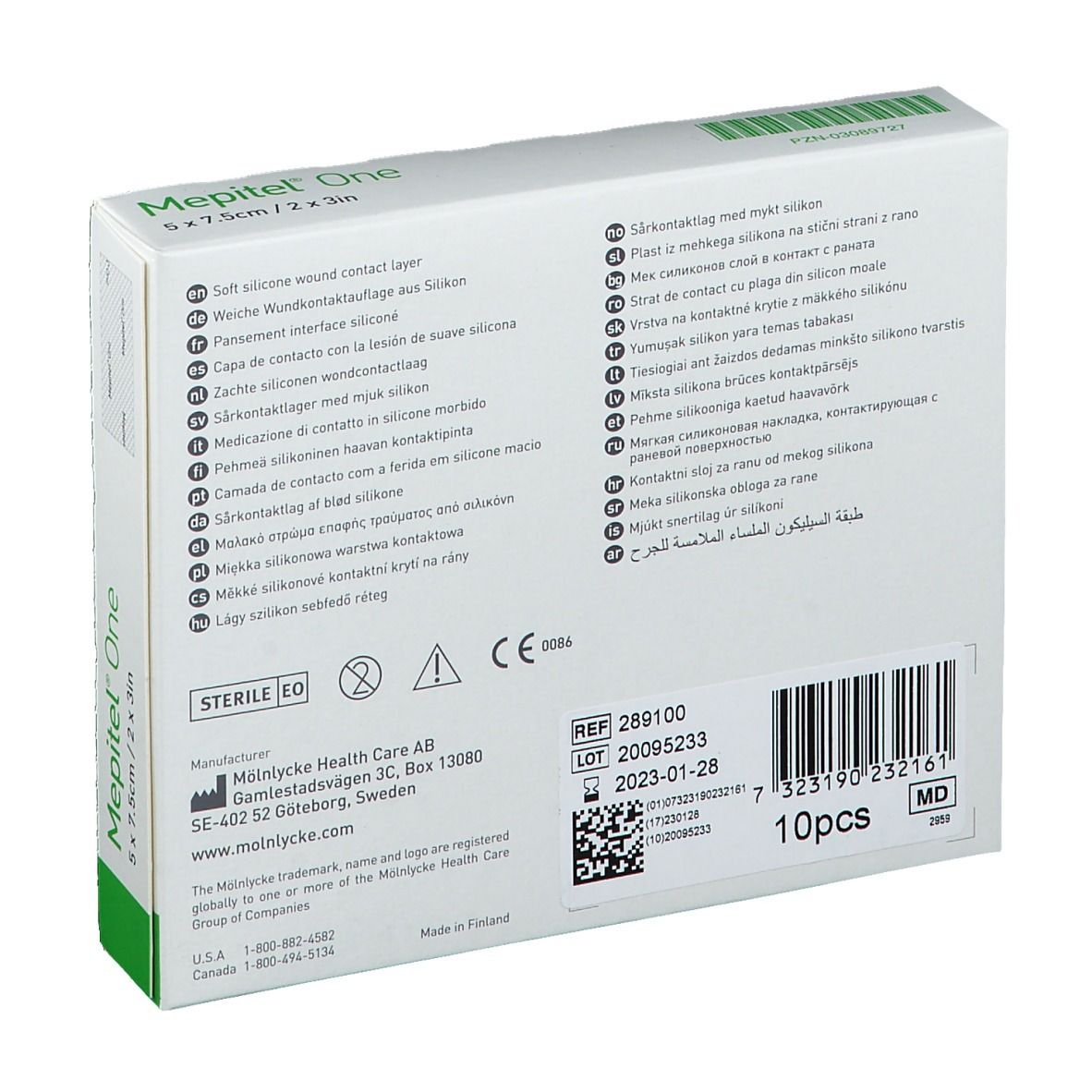 Dos de l'emballage Mepitel® One. Texte multilingue. Dimensions : 5 x 7,5 cm. Code-barres et numéro de lot.
