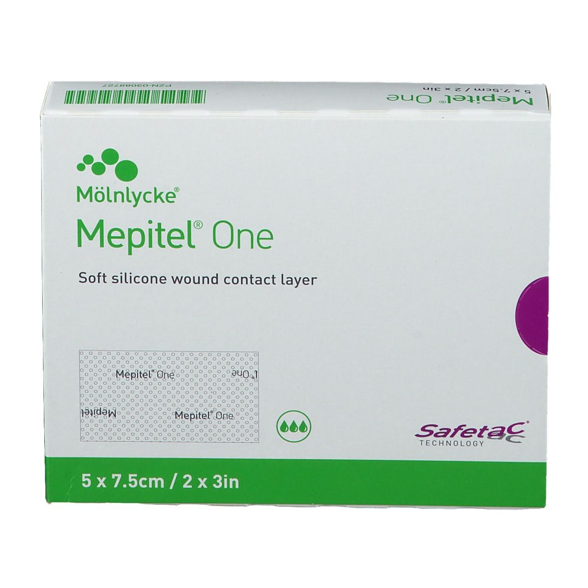 Face avant de l'emballage Mepitel® One. Couche de contact souple en silicone pour plaies. Dimensions : 5 x 7,5 cm. Boîte verte et blanche.