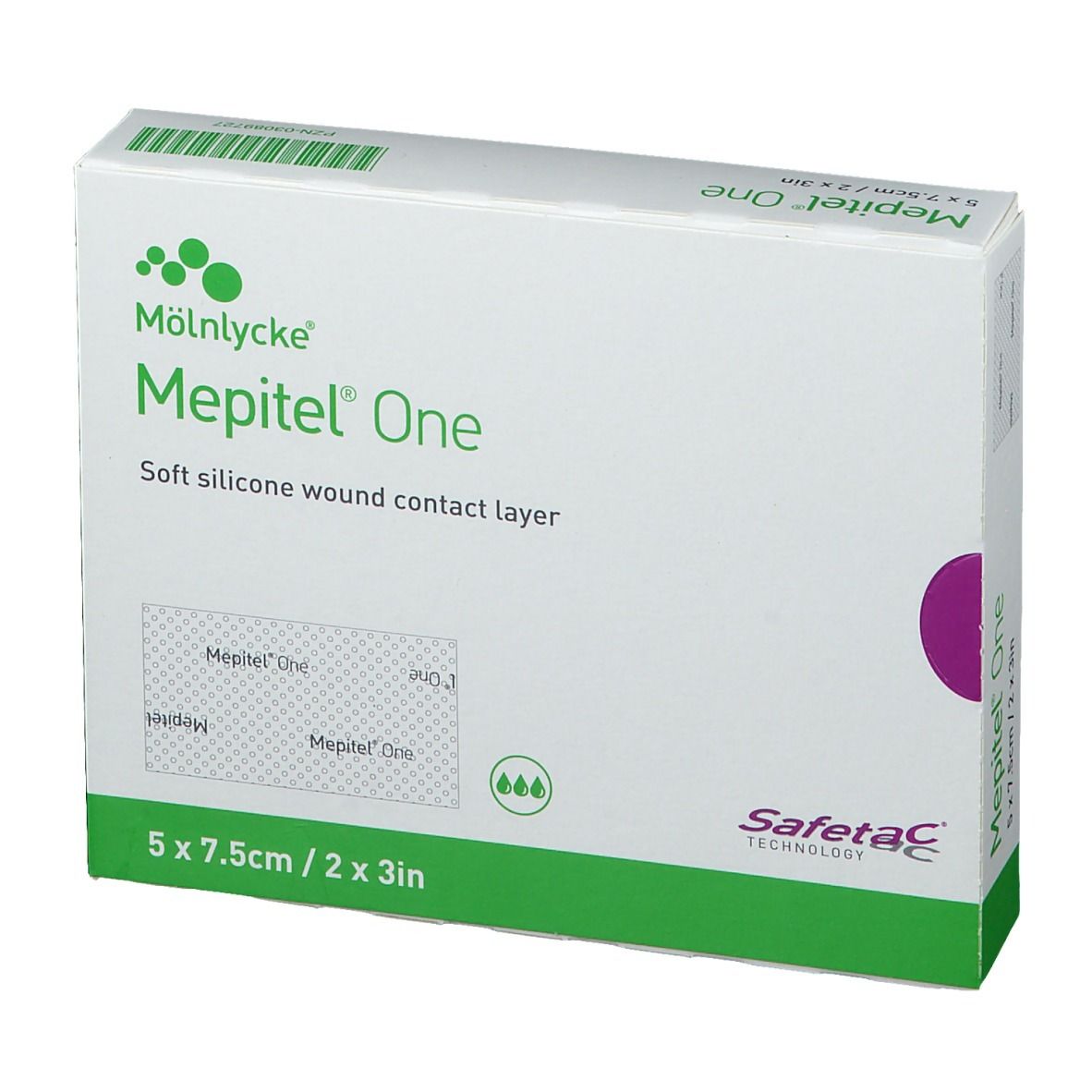 Emballage Mepitel® One en biais. Couche de contact souple en silicone pour plaies. Dimensions : 5 x 7,5 cm. Boîte blanche et verte.