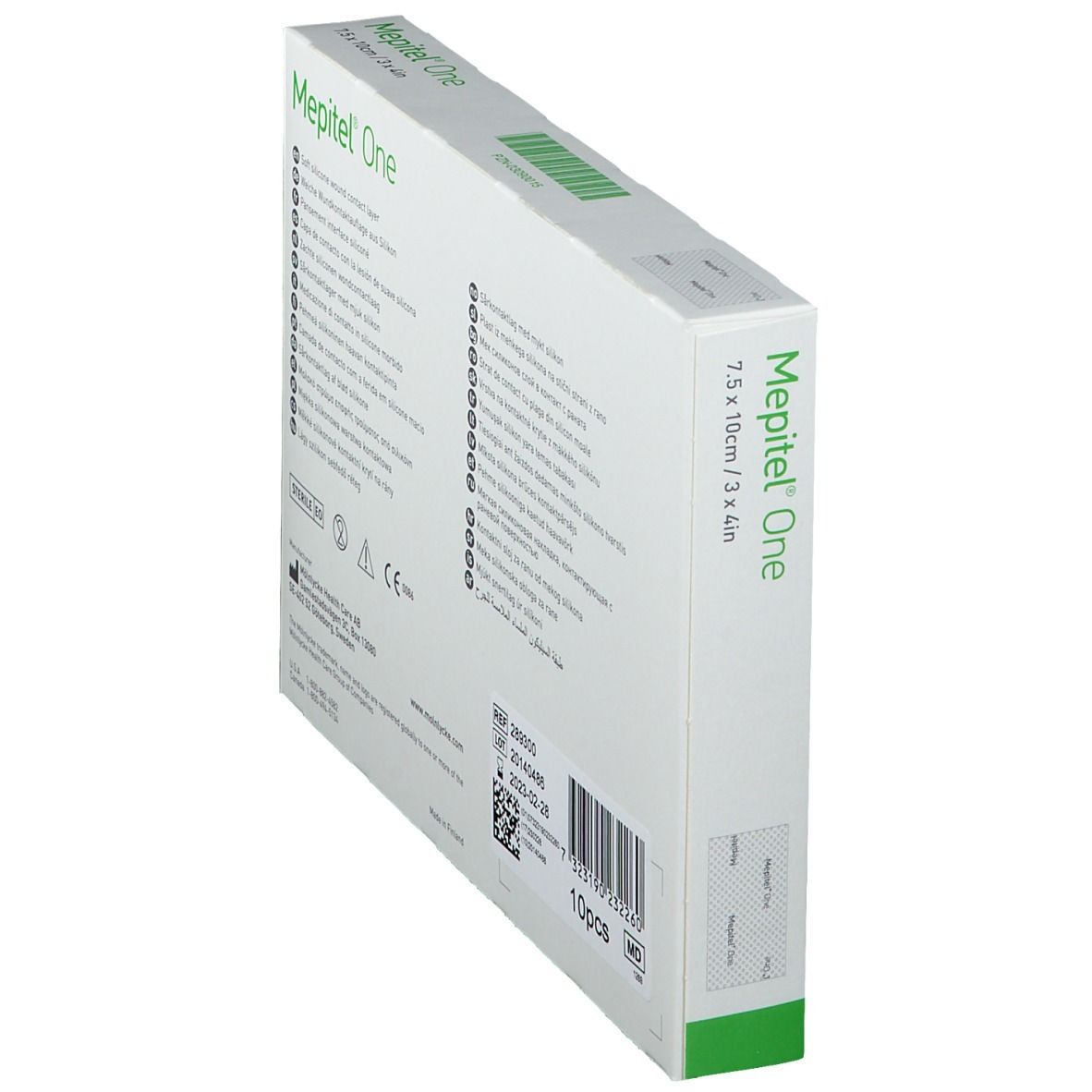 Confezione Mepitel® One, vista posteriore. Testo multilingue. Informazioni produttore, numero di lotto e scadenza.