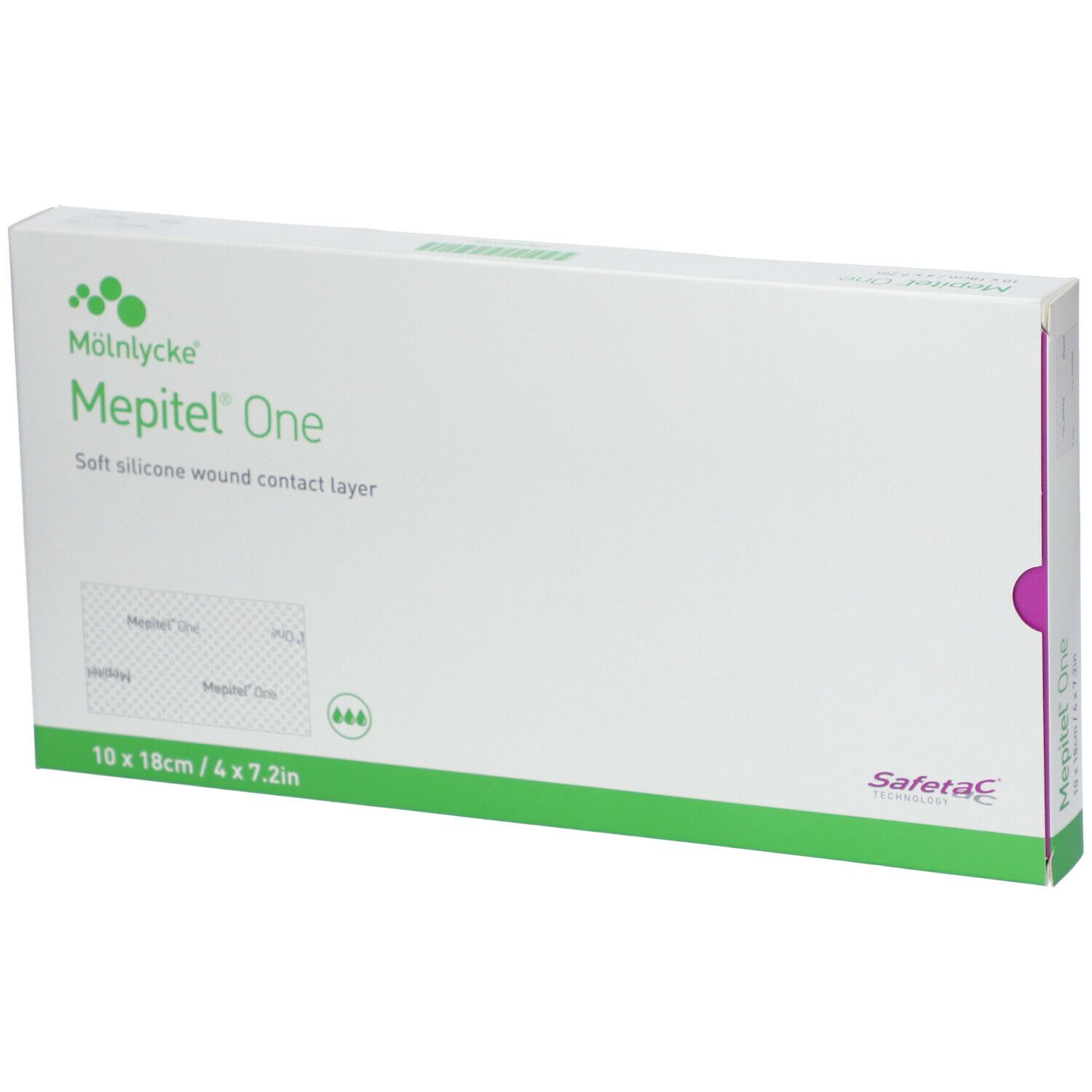 Emballage Mepitel® One, 10 x 18 cm. Blanc avec accents verts. Nom du produit et logo visibles.