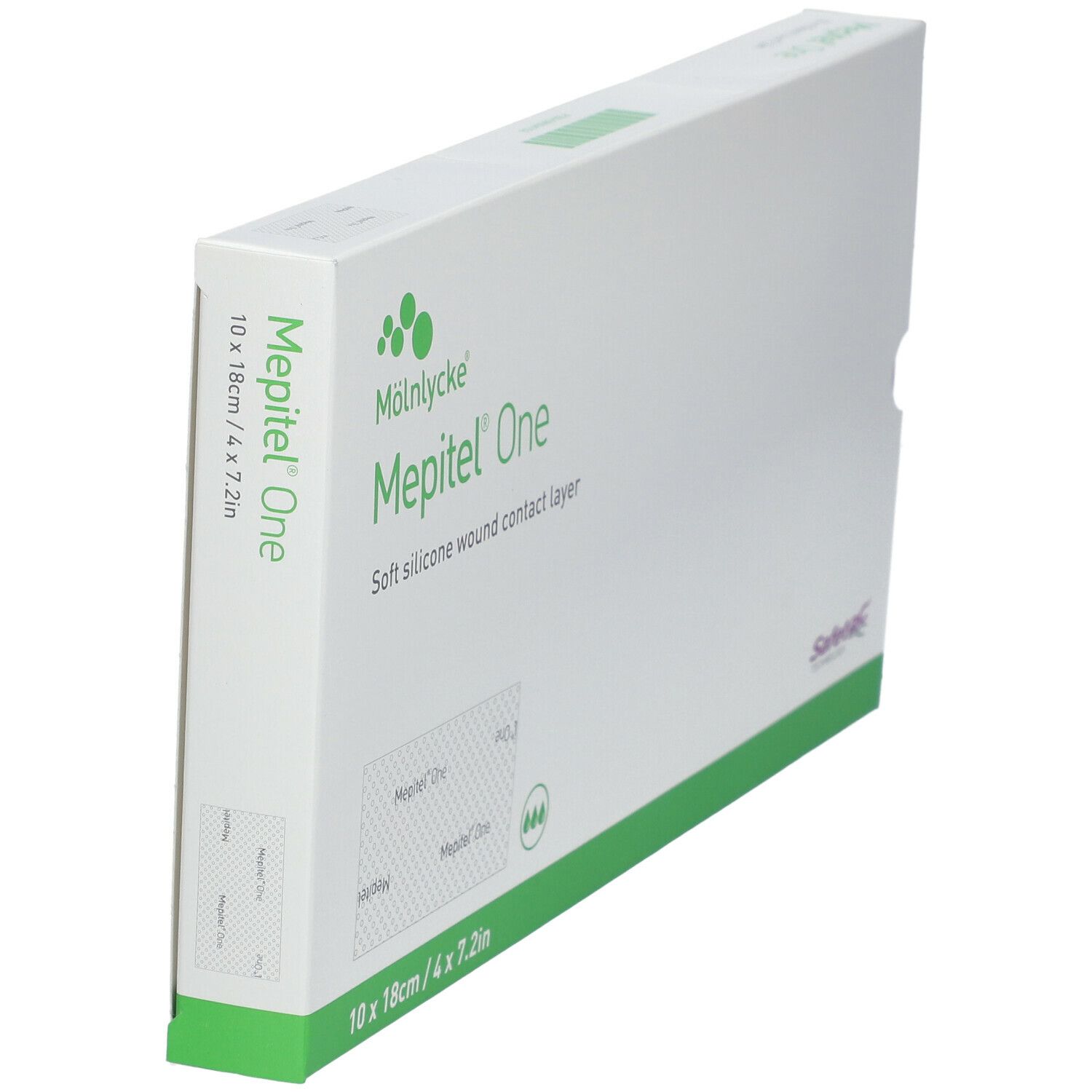 Emballage Mepitel® One, 10 x 18 cm. Blanc avec détails verts. Nom et logo sur le côté.
