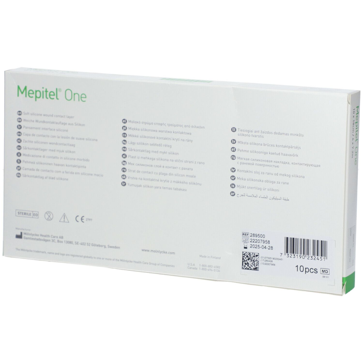 Dos de l'emballage Mepitel® One. Texte multilingue. Informations sur la stérilité et le numéro de lot.