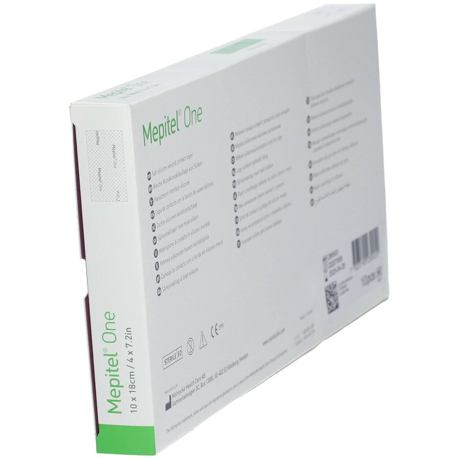 Emballage Mepitel® One, dos. Texte multilingue. Informations de stérilité et de lot.