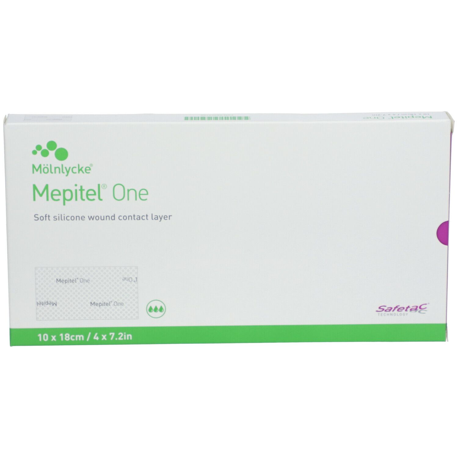 Emballage Mepitel® One, 10 x 18 cm. Blanc avec accents verts. Nom et logo visibles.