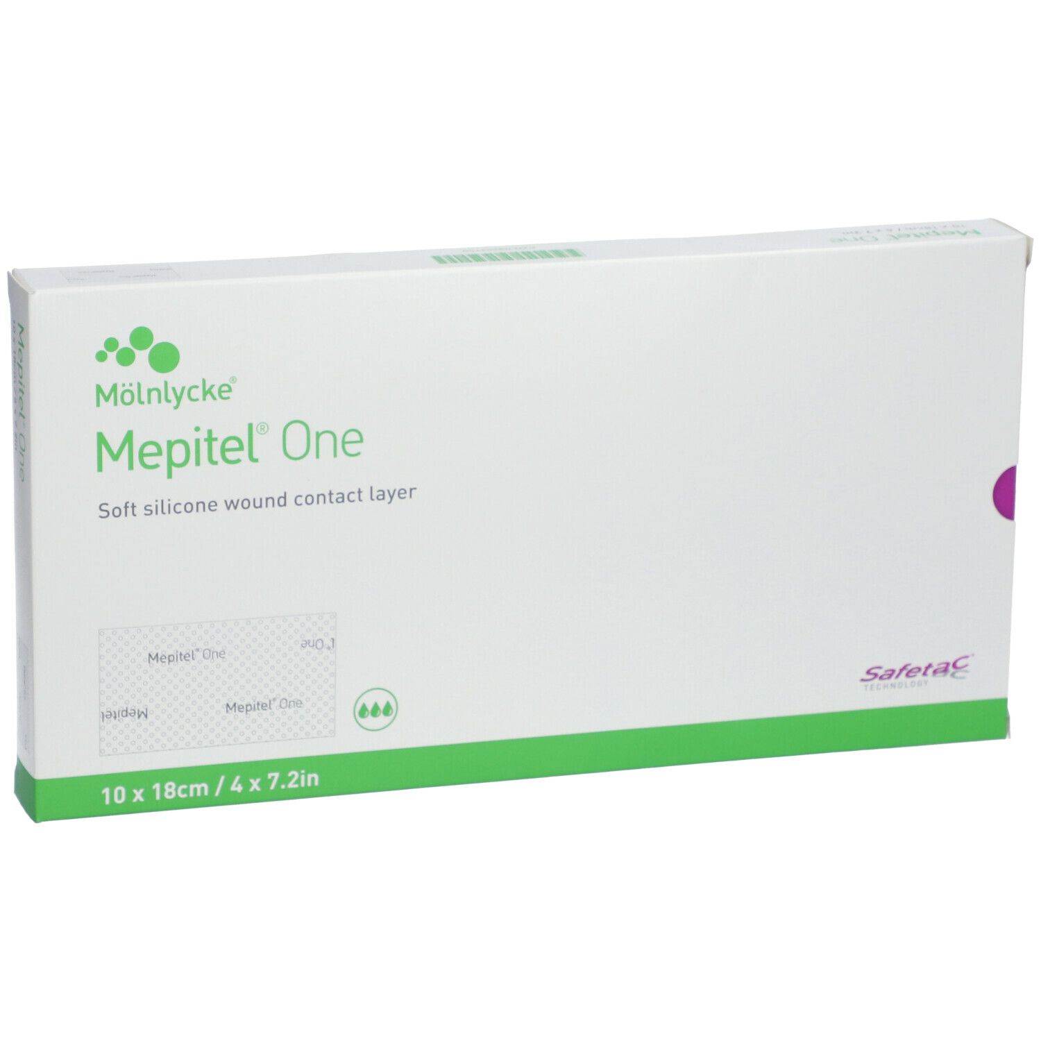 Emballage Mepitel® One, 10 x 18 cm. Blanc avec accents verts. Nom et logo visibles.
