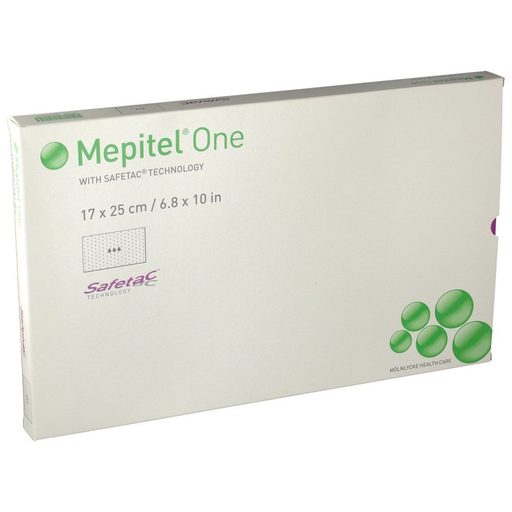 Emballage de Mepitel® One. Inscription : 17 x 25 cm / 6,8 x 10 po. Avec la technologie Safetac®. Couleurs vert et blanc.