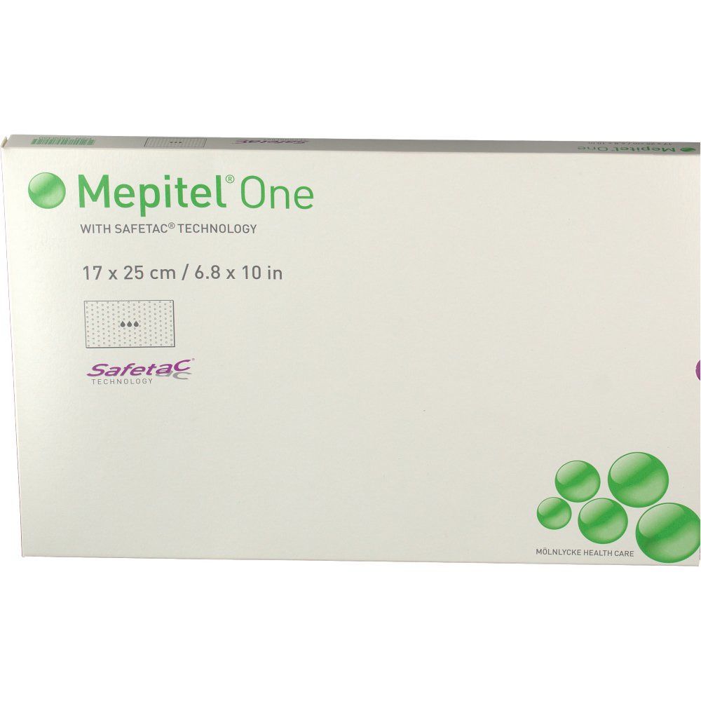 Emballage de Mepitel® One. Inscription : 17 x 25 cm / 6,8 x 10 po. Avec la technologie Safetac®. Couleurs vert et blanc.