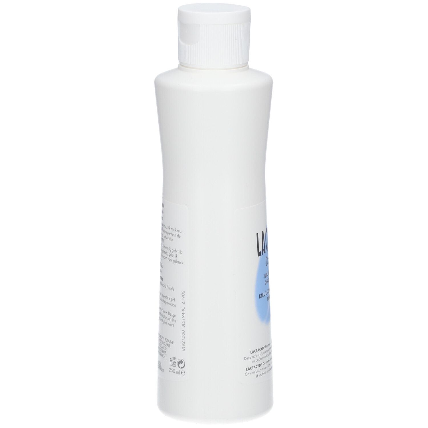 Witte fles met witte dop. Opschrift: Lactacyd Derma, milde wasemulsie, ongeparfumeerd, Emulsion lavante douce, non parfumée. Tekst achteraan.