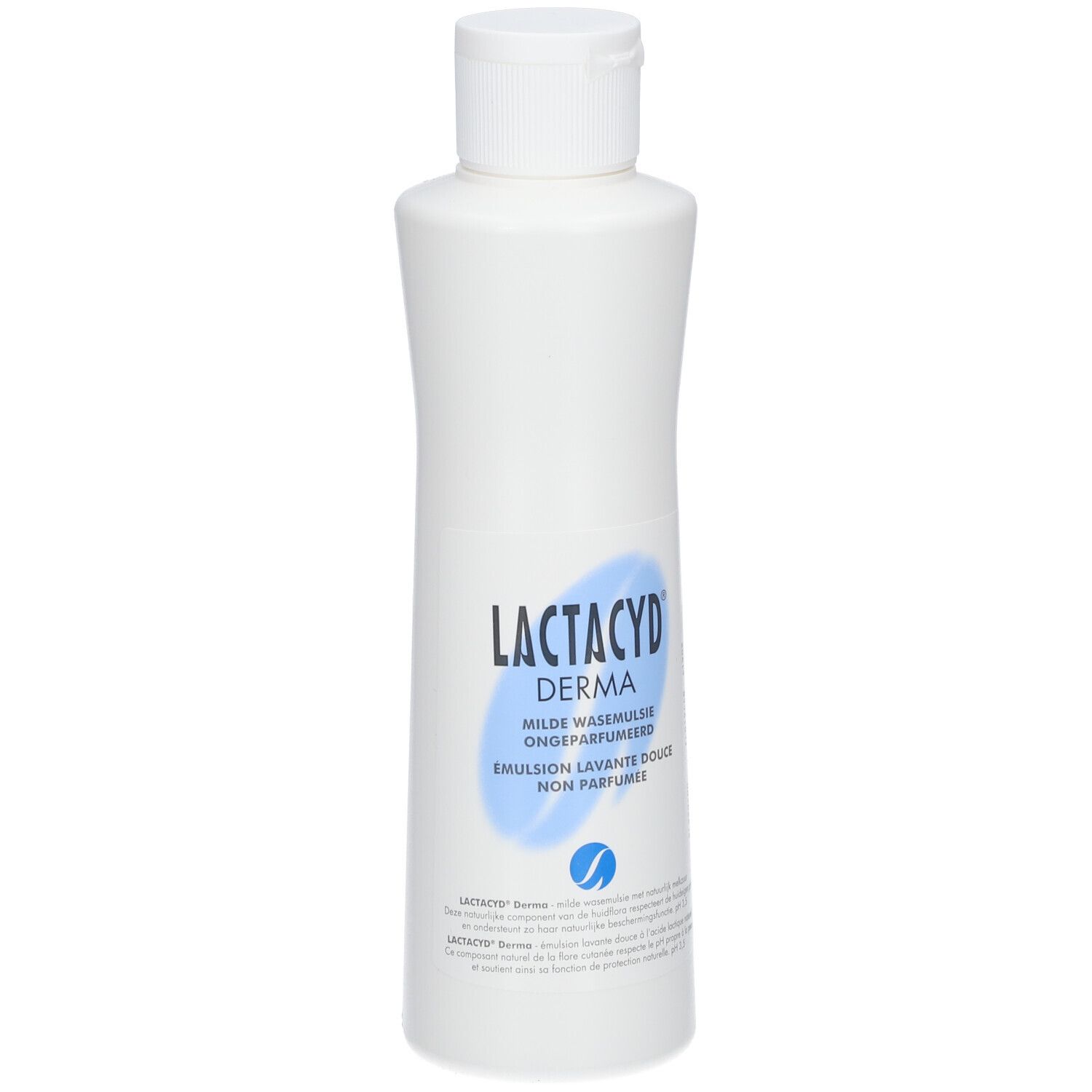 Witte fles met witte dop. Opschrift: Lactacyd Derma, milde wasemulsie, ongeparfumeerd, Emulsion lavante douce, non parfumée. Blauw logo.