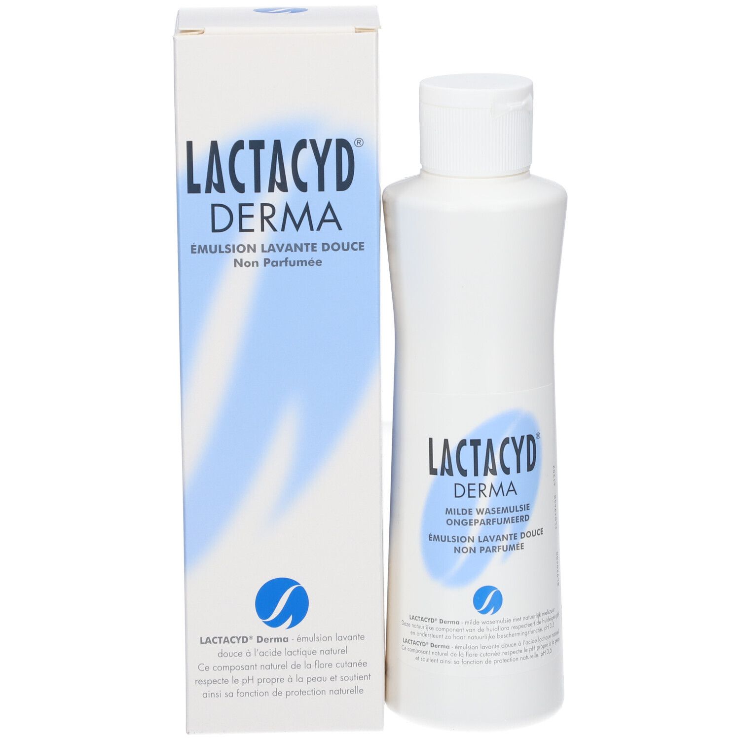 Productverpakking: fles en doos. Opschrift: Lactacyd Derma, Emulsion lavante douce, non parfumée. Doos met tekst.