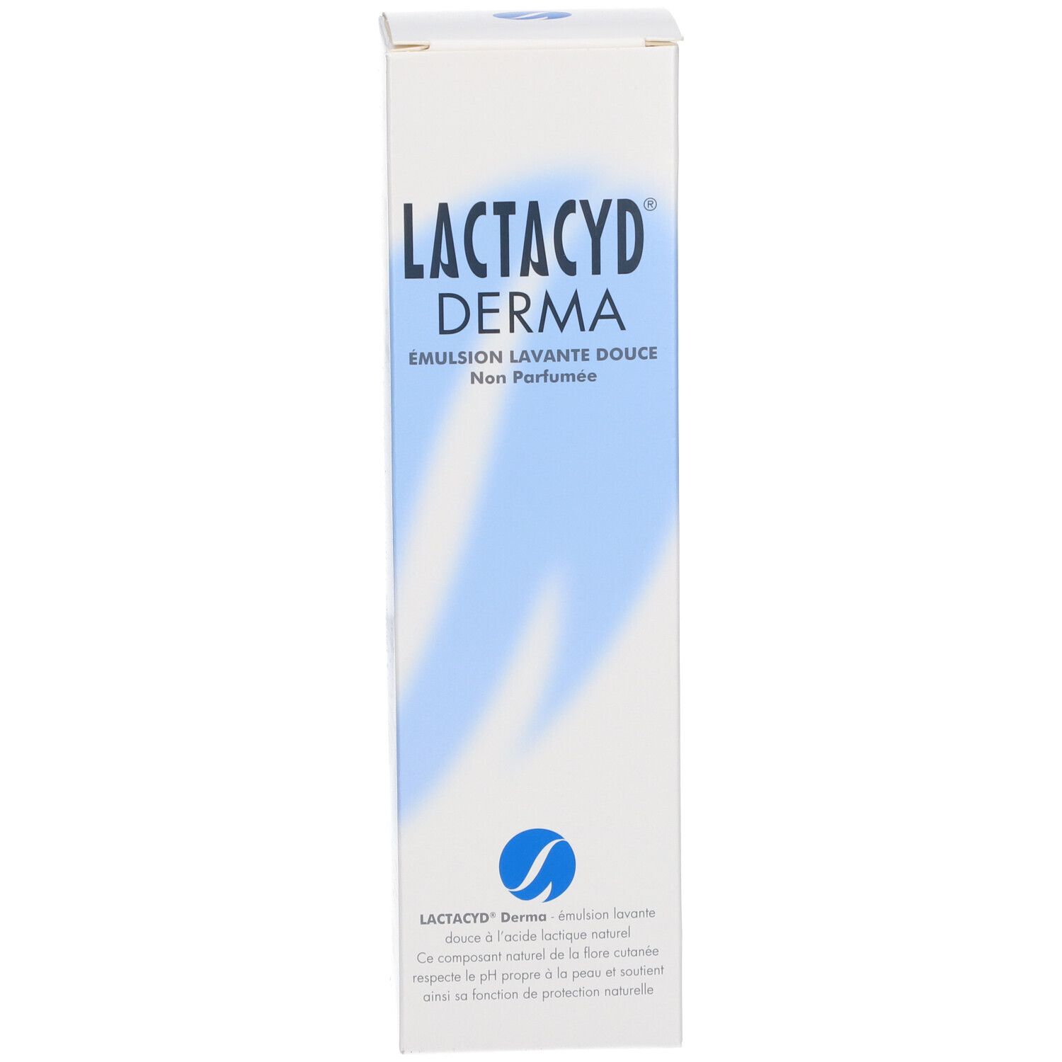 Kartonnen verpakking. Opschrift: Lactacyd Derma, Emulsion lavante douce, non parfumée. Logo en tekst.