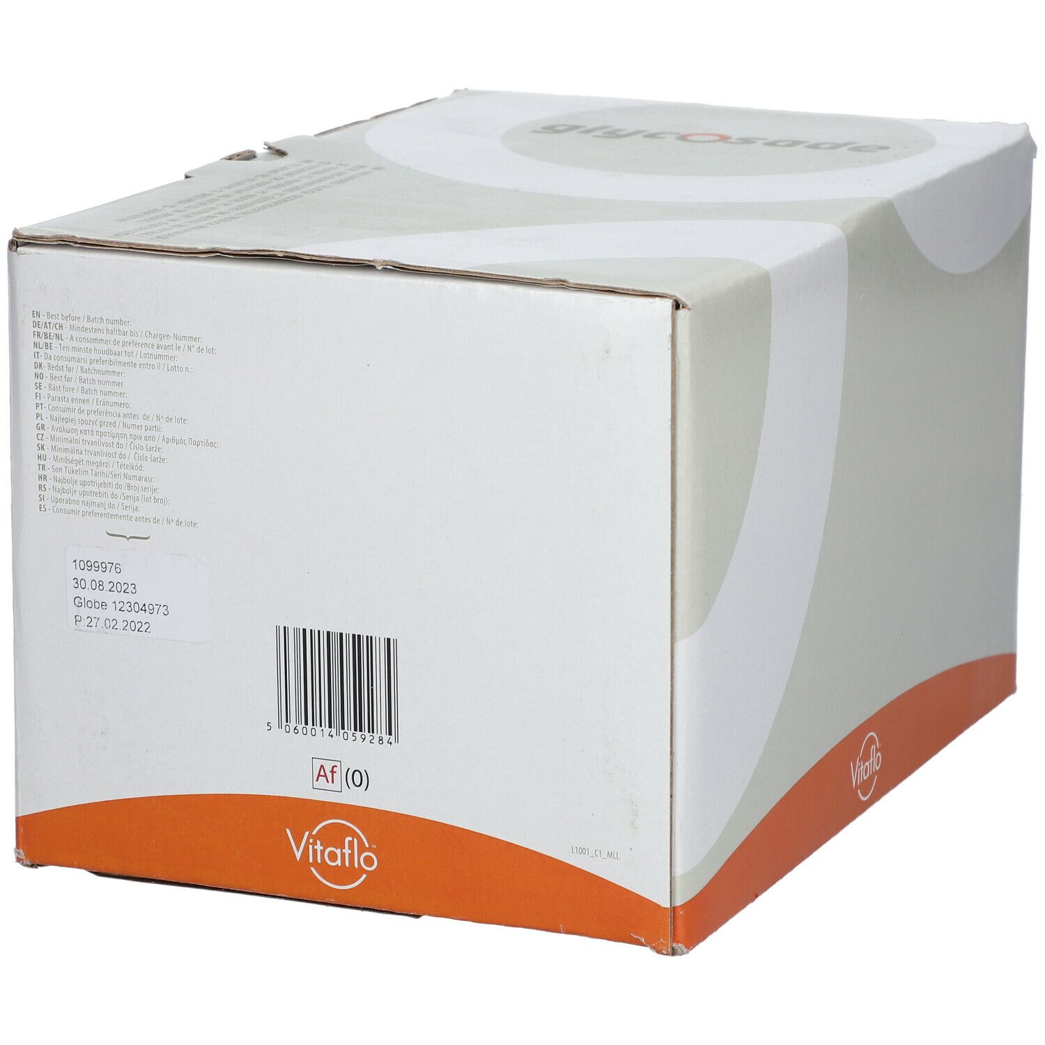 Doos met barcode en tekst. "Vitaflo" logo onderaan. Opdruk "HIGH GRADE".