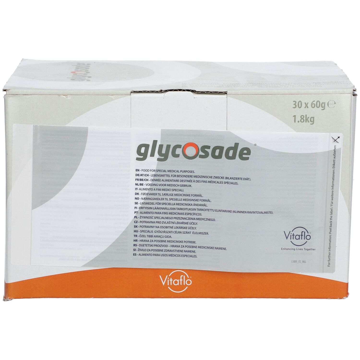 Doos met "glycosade" en "Vitaflo". Bevat 30 zakjes van 60g, 1,8kg. Meertalige tekst.