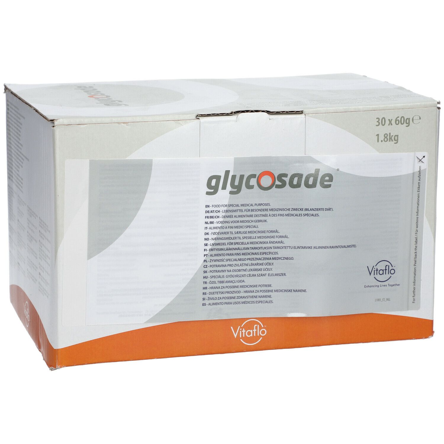 Doos met "glycosade" en "Vitaflo". Bevat 30 zakjes van 60g, 1,8kg. Meertalige tekst.