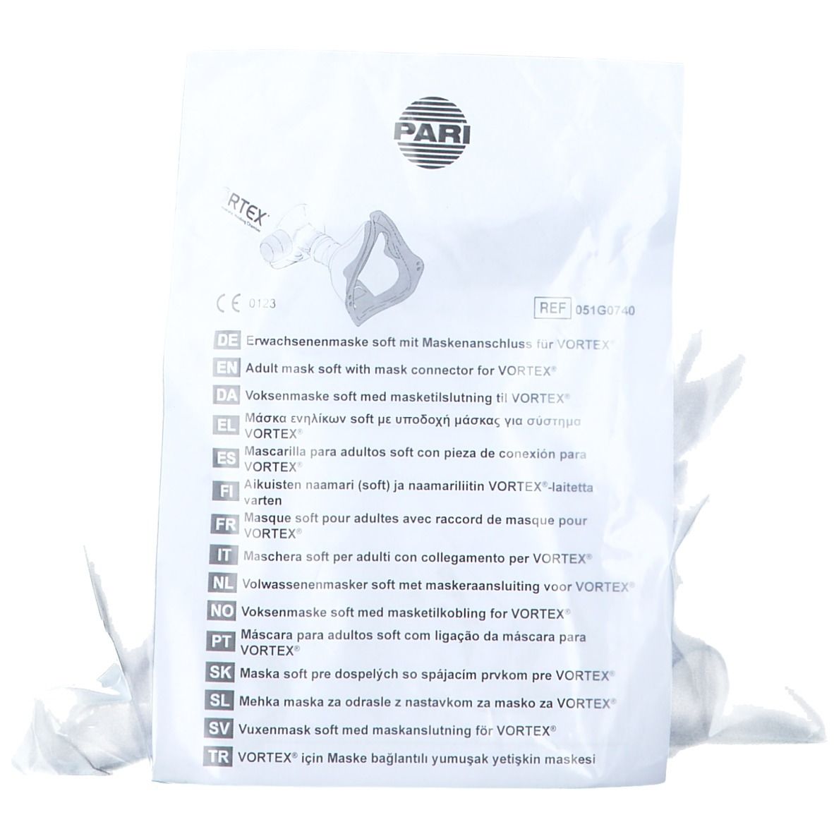 Verpakking met VORTEX-masker. Tekst: VORTEX, volwassenmasker, maskeraansluiting. CE-markering.