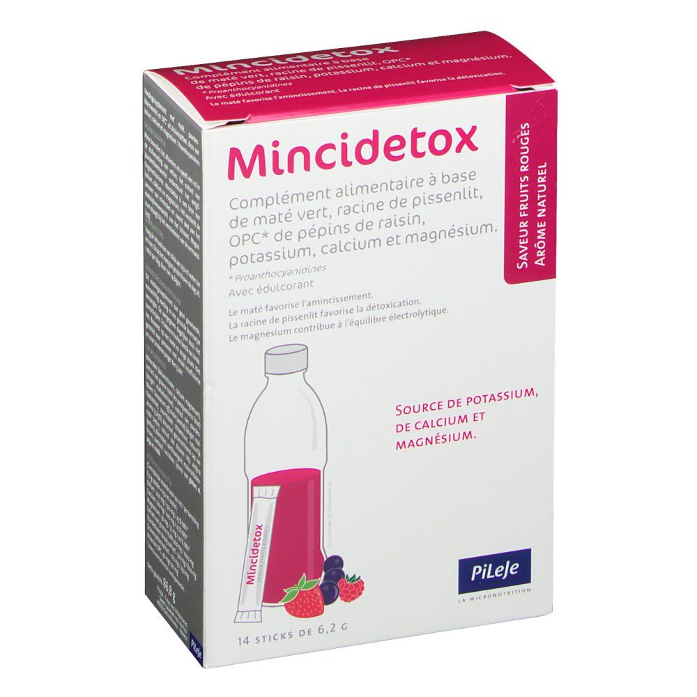 Confezione di Mincidetox®. Contiene 14 stick. Ingredienti: mate, radice di dente di leone, OPC, potassio, calcio, magnesio. Gusto frutti rossi.