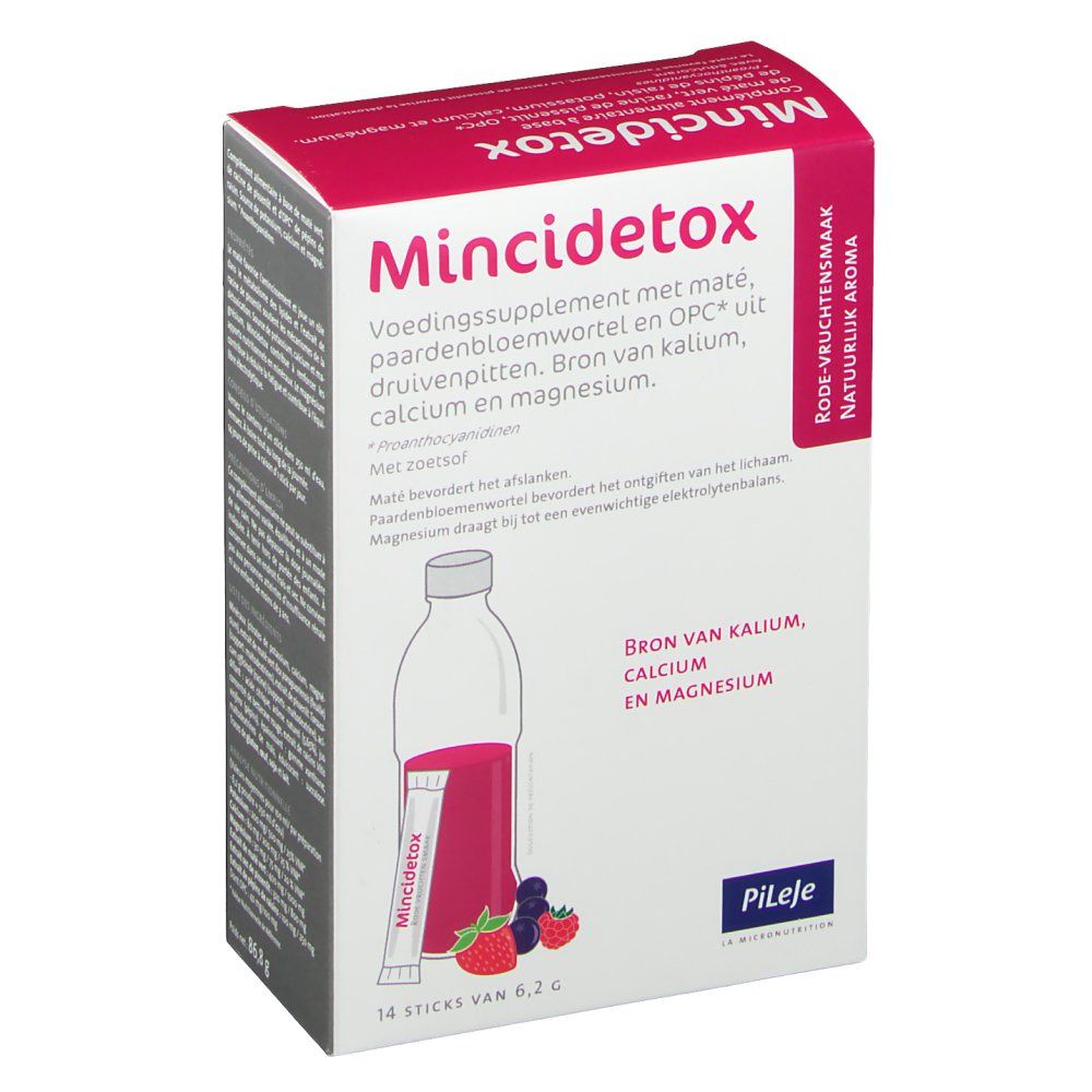 Confezione di Mincidetox®. Contiene 14 stick. Ingredienti: mate, radice di dente di leone, OPC, potassio, calcio, magnesio. Gusto frutti rossi.