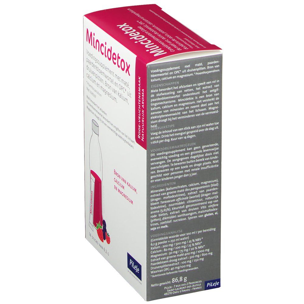 Confezione di Mincidetox® vista di lato. Contiene 14 stick. Ingredienti: mate, radice di dente di leone, OPC, potassio, calcio, magnesio. Testo in francese.