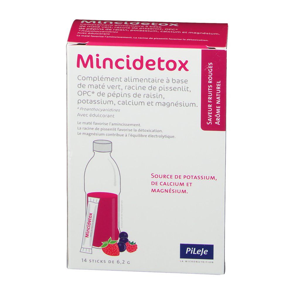 Confezione di Mincidetox®. Contiene 14 stick. Ingredienti: mate, radice di dente di leone, OPC, potassio, calcio, magnesio. Gusto frutti rossi.